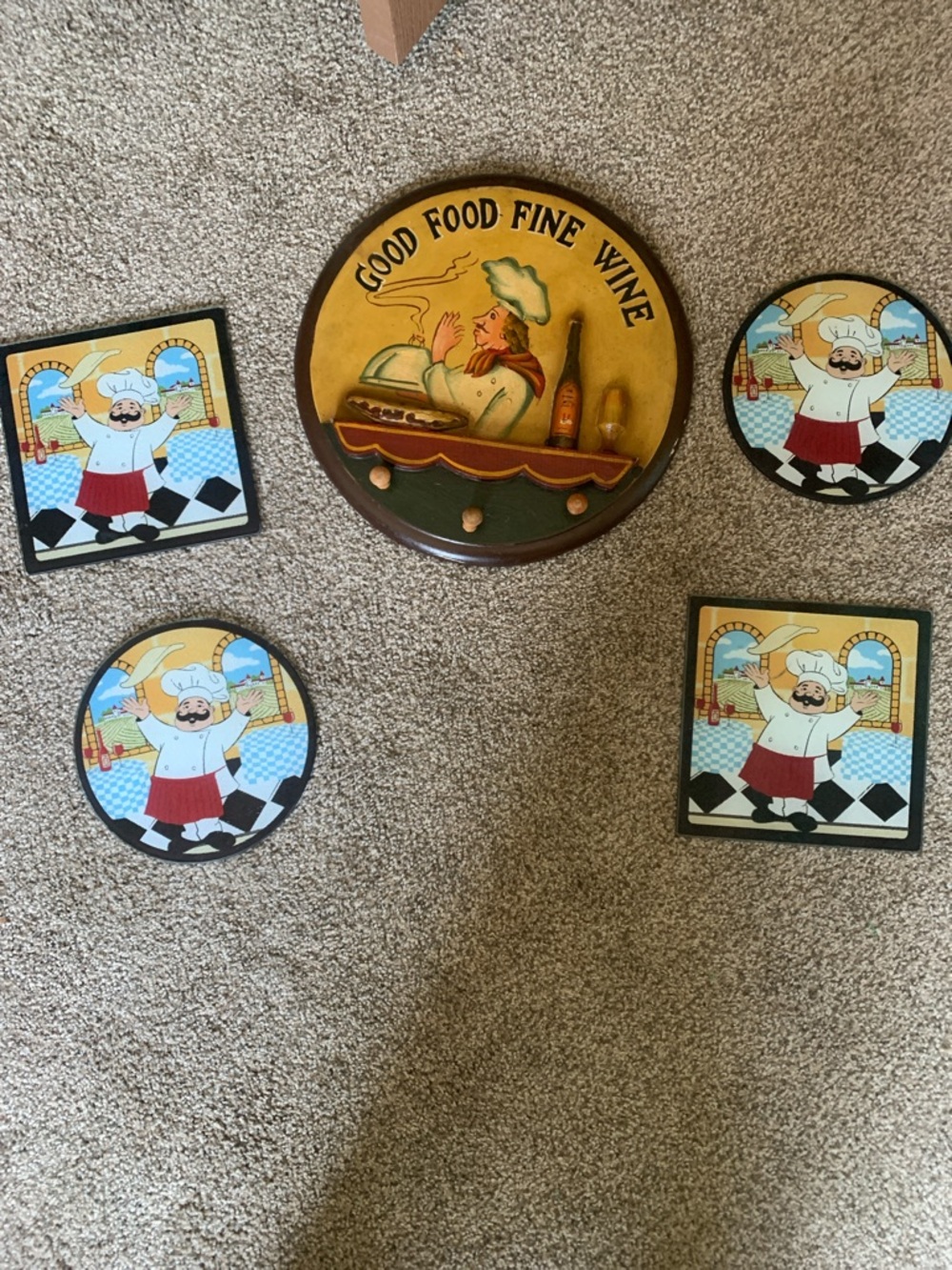 Good Food Fine Wine Wall Plaque and Chef Tile Set - Yellow, Red, Black
